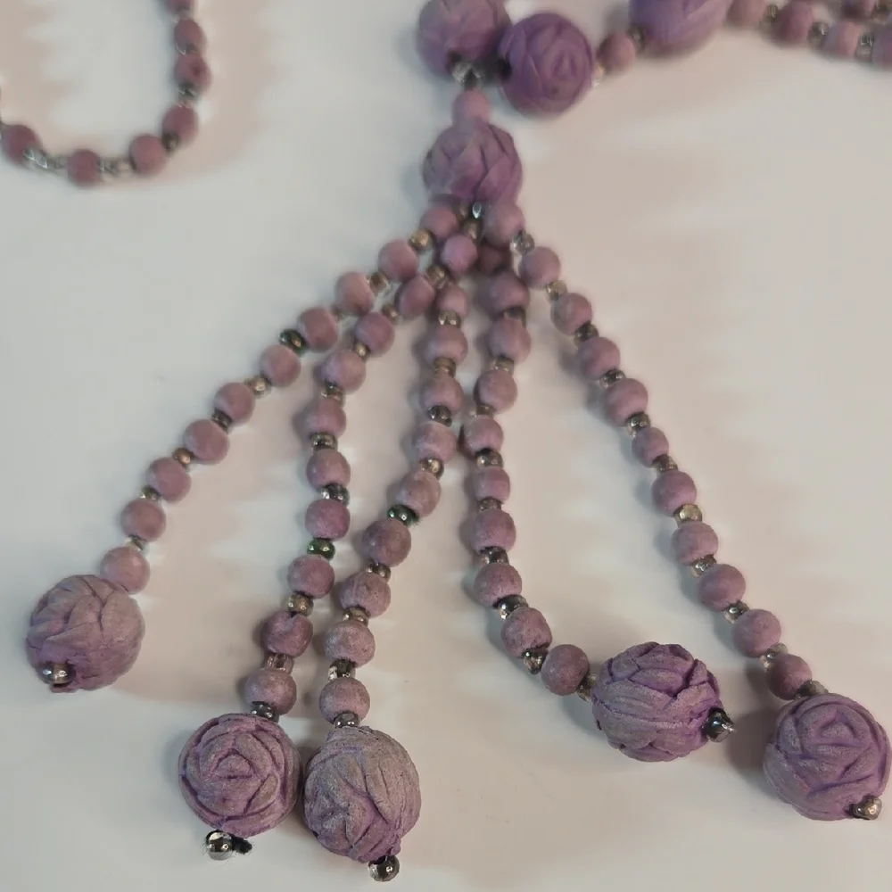 Vintage Crushed-Rose Petal Lavender Bead Necklace Tassel Flapper Victorian